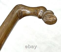 Vintage Antique Carved Horn Horse Shoe Handle Wood Shaft Walking Stick Cane Old