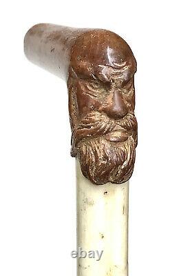 Vintage Antique Carved Horn Mans Face Sterling Silver Walking Stick Cane Old