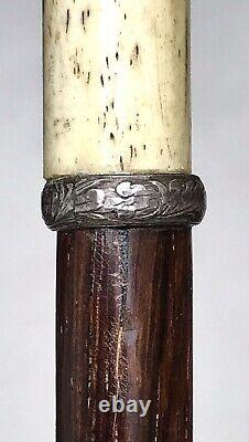 Vintage Antique Carved Horn Mans Face Sterling Silver Walking Stick Cane Old