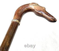 Vintage Antique Carved Wood Dog Head Figural Top Knob Walking Stick Cane Old