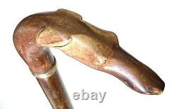 Vintage Antique Carved Wood Dog Head Figural Top Knob Walking Stick Cane Old