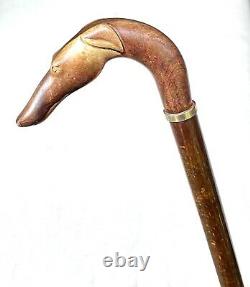 Vintage Antique Carved Wood Dog Head Figural Top Knob Walking Stick Cane Old