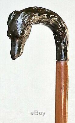 Vintage Antique Carved Wood Dogs Head Handle Glass Eyes Walking Stick Cane Old