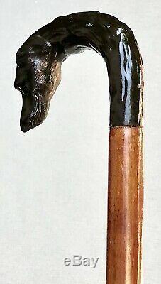 Vintage Antique Carved Wood Dogs Head Handle Glass Eyes Walking Stick Cane Old