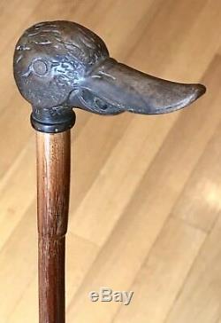 Vintage Antique Carved Wood Duck Head Walking Stick Cane Bamboo Silver Ferrule