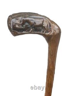 Vintage Antique Carved Wood Horse Dog Brass Tip Swagger Knob Walking Stick Cane