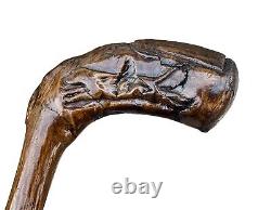 Vintage Antique Carved Wood Horse Dog Brass Tip Swagger Knob Walking Stick Cane