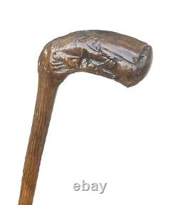 Vintage Antique Carved Wood Horse Dog Brass Tip Swagger Knob Walking Stick Cane