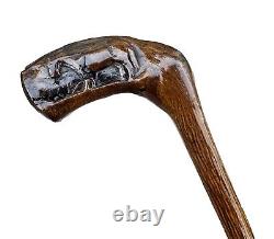 Vintage Antique Carved Wood Horse Dog Brass Tip Swagger Knob Walking Stick Cane