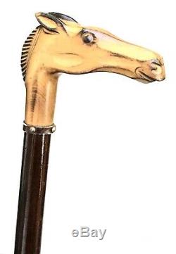 Vintage Antique Carved Wood Horse Head Horn Tip Walking Stick Cane Old 36L