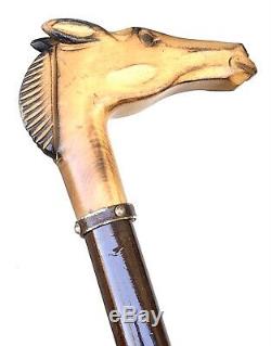 Vintage Antique Carved Wood Horse Head Horn Tip Walking Stick Cane Old 36L