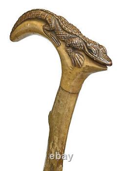 Vintage Antique Child Carved Wood Alligator Fancy Crook Walking Stick Cane 27.5