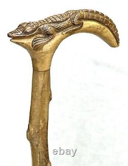 Vintage Antique Child Carved Wood Alligator Fancy Crook Walking Stick Cane 27.5