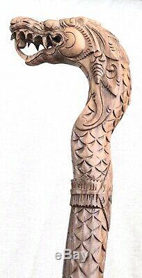 Vintage Antique Chinese Carved Wood Folk Art Dragon Walking Stick Cane Old