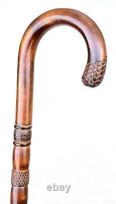 Vintage Antique Classic Crook Handle Carved Hardwood Shaft Walking Stick Cane