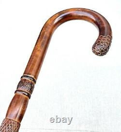 Vintage Antique Classic Crook Handle Carved Hardwood Shaft Walking Stick Cane