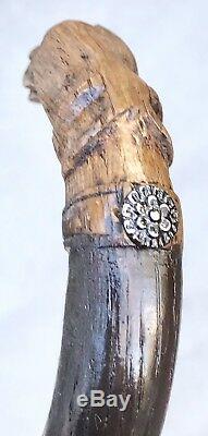 Vintage Antique Dogs Head Carved Wood Sterling Silver Walking Stick Cane Old