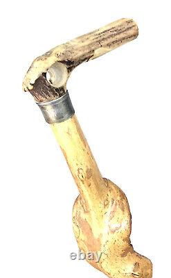 Vintage Antique Folk Art Carved Antler Stag Warrior Face Walking Stick Cane