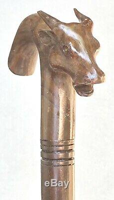Vintage Antique Folk Art Carved Natural Wood Bull Head Walking Stick Cane Old