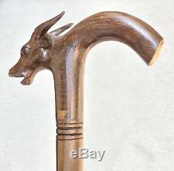 Vintage Antique Folk Art Carved Natural Wood Bull Head Walking Stick Cane Old