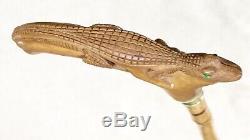 Vintage Antique Folk Art Carved Wood Alligator Bamboo Walking Stick Cane 37L