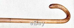 Vintage Antique Folk Art Carved Wood Crook Handle Walking Stick Cane