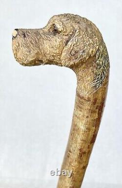 Vintage Antique Folk Art Carved Wood Dog Gold Swagger Knob Walking Stick Cane