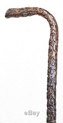 Vintage Antique Folk Art Carved Wood L-Shape Handle Walking Stick Cane Old