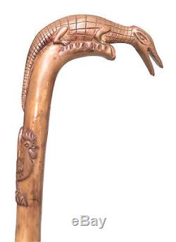 Vintage Antique Folk Art Carved Wood Lizard Rooster Walking Stick Cane Old