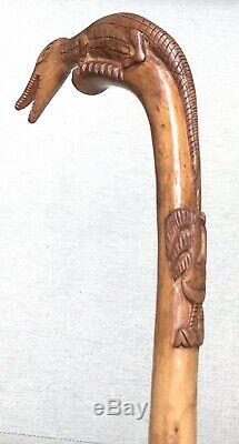 Vintage Antique Folk Art Carved Wood Lizard Rooster Walking Stick Cane Old