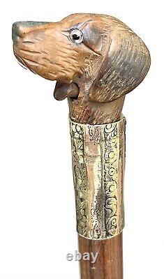 Vintage Antique Gadget Gloves Holder Carved Wood Dog Swagger Walking Stick Cane