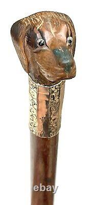 Vintage Antique Gadget Gloves Holder Carved Wood Dog Swagger Walking Stick Cane