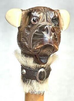 Vintage Antique Gadget Gloves Holder Carved Wood Dog Swagger Walking Stick Cane