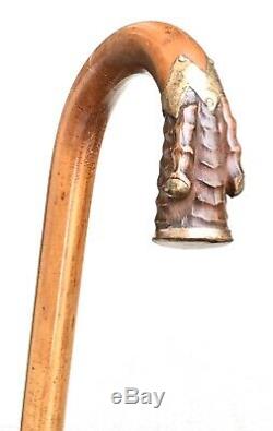 Vintage Antique Gold Filled Malacca Carved Wood Crook Handle Walking Stick Cane