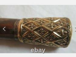 Vintage Antique Gold Filled Top Carved Wood Swagger Knob Walking Stick Cane Old