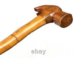 Vintage Antique Hammer Carved Wood Flower Fat Shaft Knob Walking Stick Cane Old
