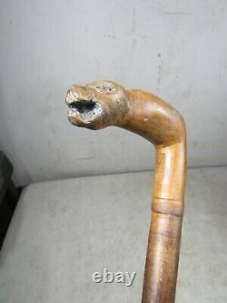 Vintage/Antique Hand Carved 1 Of Kind Folk Art Walking Stick 36 Tiger Demon Dog