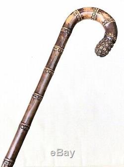 Vintage Antique Japanese Carved Bamboo Crook Handle Walking Stick Cane Old 32L