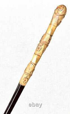 Vintage Antique Japanese Carved Bamboo Floral Knob Swagger Walking Stick Cane