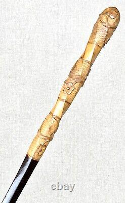 Vintage Antique Japanese Carved Bamboo Floral Knob Swagger Walking Stick Cane