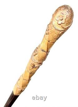 Vintage Antique Japanese Carved Bamboo Floral Knob Swagger Walking Stick Cane