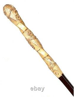 Vintage Antique Japanese Carved Bamboo Floral Knob Swagger Walking Stick Cane