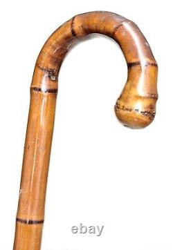 Vintage Antique Japanese Carved Fat Bamboo Horn Tip Knob Walking Stick Cane Old