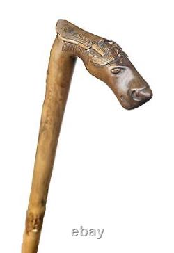 Vintage Antique Kepkypa Corfu Greece Carved Olive Wood Horse Walking Stick Cane