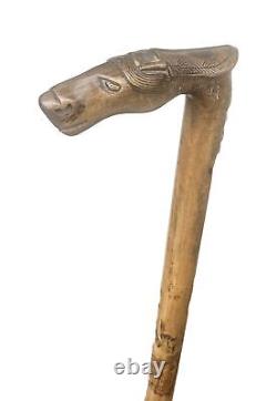 Vintage Antique Kepkypa Corfu Greece Carved Olive Wood Horse Walking Stick Cane