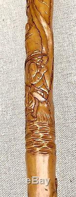 Vintage Antique Mexican Coat Of Arms Carved Wood Walking Stick Cane Horn Ferrule