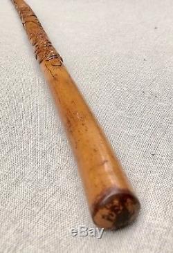 Vintage Antique Mexican Coat Of Arms Carved Wood Walking Stick Cane Horn Ferrule