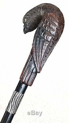 Vintage Antique Parrot Carved Wood Sterling Silver Swagger Walking Stick Cane