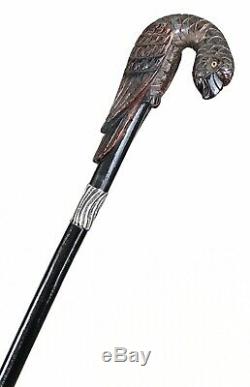 Vintage Antique Parrot Carved Wood Sterling Silver Swagger Walking Stick Cane