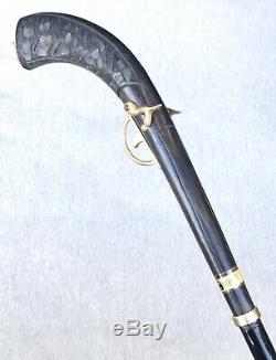 Vintage Antique Pistol Shape Carved Wood Handle Swagger Knob Walking Stick Cane